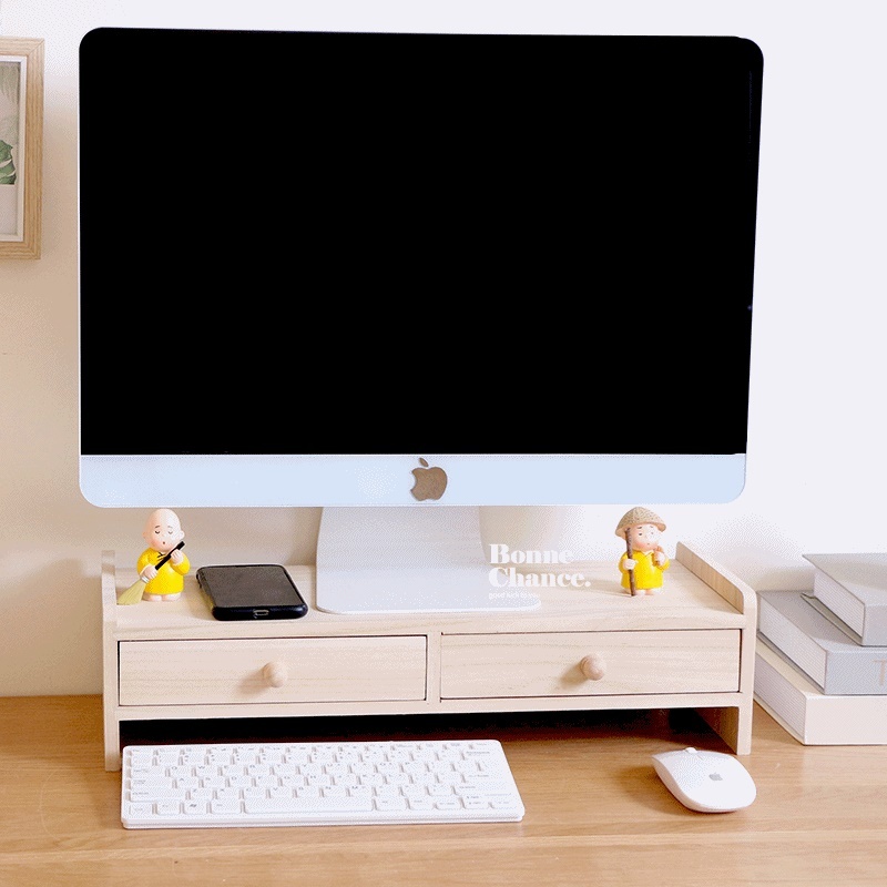 日系木頭雙抽圓角電腦螢幕增高架