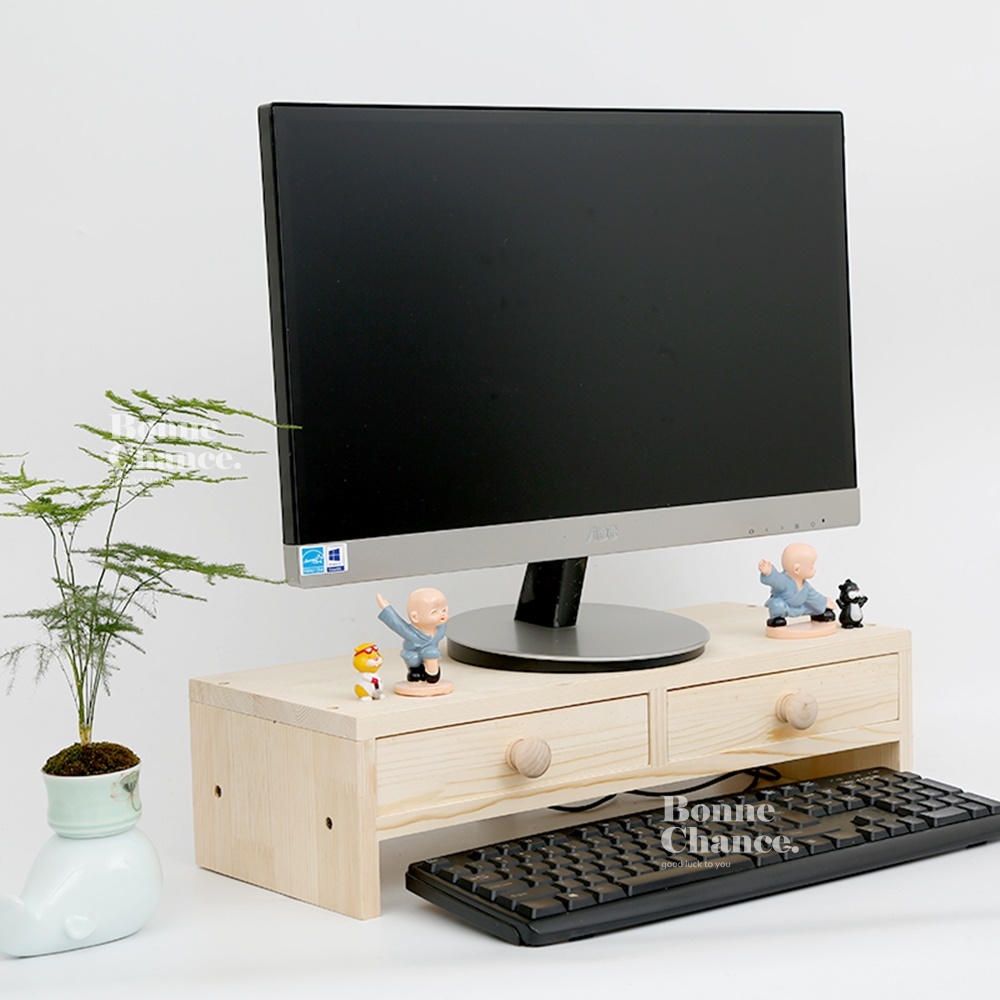 日系木頭雙抽平面電腦螢幕增高架