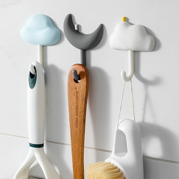 《2409》月亮雲朵 免打洞無痕壁掛矽膠掛勾(3入一組)