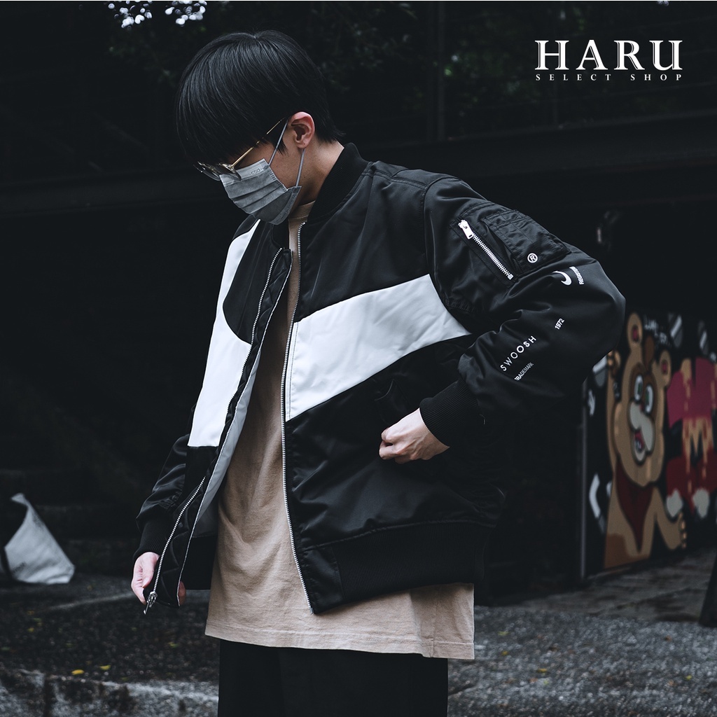 現貨 NIKE  JACKET 軍綠 黑白 大勾 雙面穿 MA-1 飛行外套 DD6056-010-326