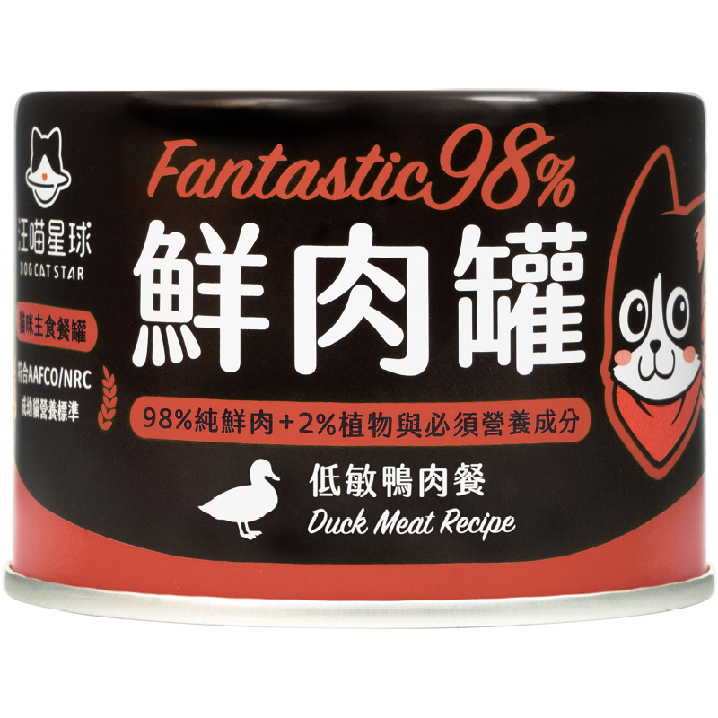 汪喵星球 – FANTASTIC 98% 鮮肉無膠主食罐 (低敏鴨肉) 165g (原箱12罐優惠 $252)