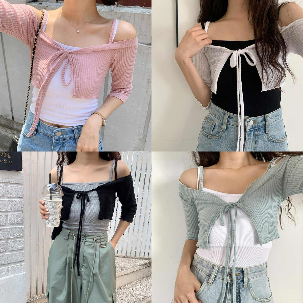 韓國Dejou授權 清甜四色露肩短版豎條綁帶衫