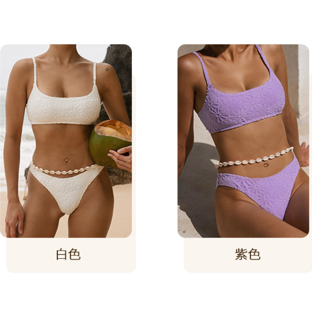 ▲Yukari Elvis 花紋舒適細肩帶運動款比基尼 上下單賣 [YB094] 白色