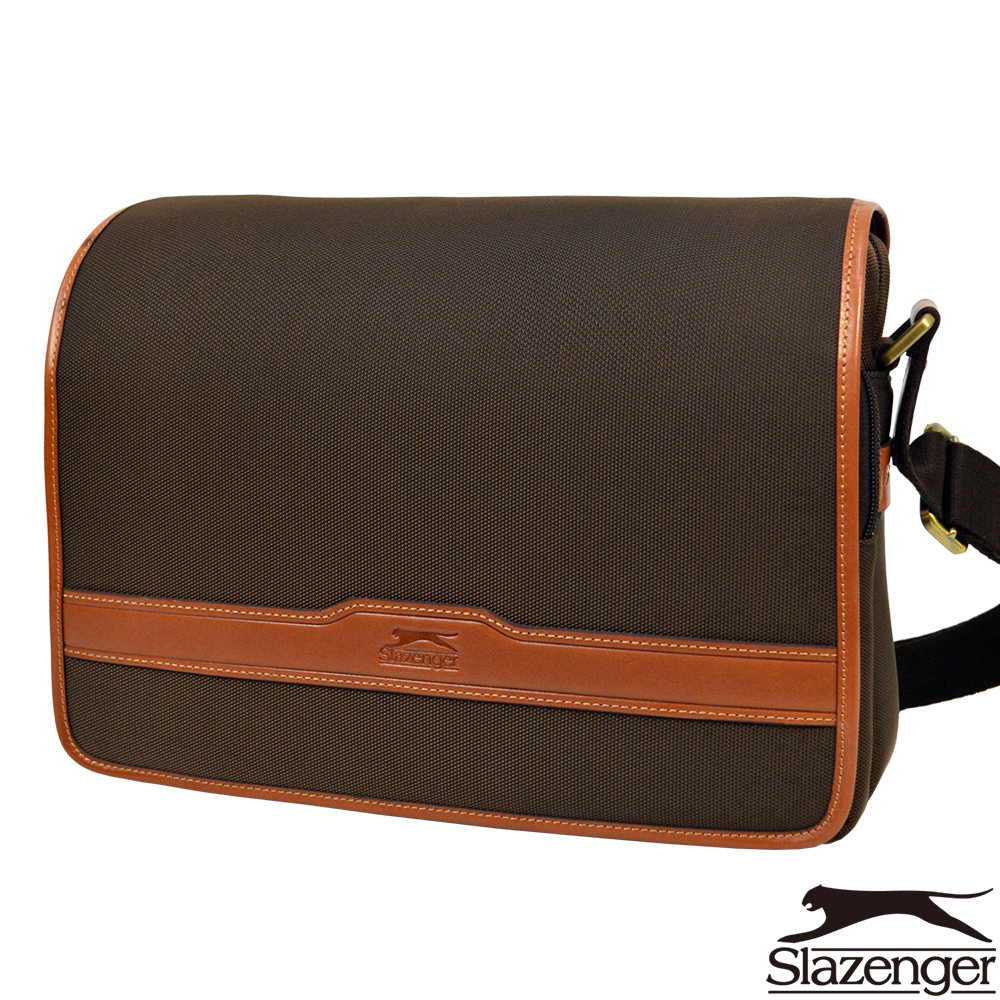 【Slazenger 史萊辛格】雙層橫式真皮肩背包/側背包/休閒包(咖)