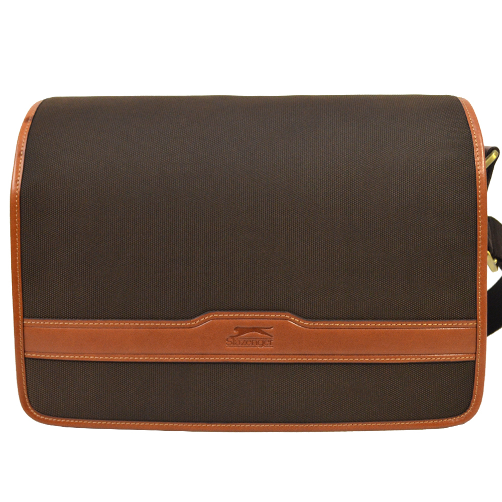 【Slazenger 史萊辛格】雙層橫式真皮肩背包/側背包/休閒包(咖)