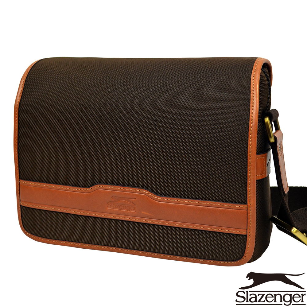 【Slazenger 史萊辛格】雙層橫式真皮肩背包/側背包/休閒包(咖)