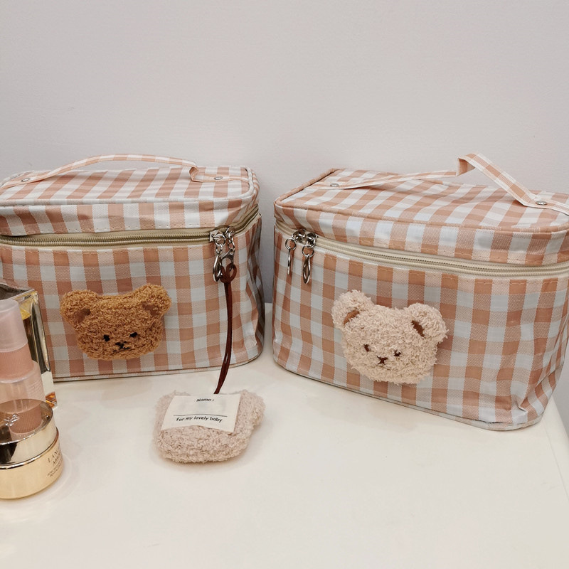 《1727》韓國小熊格紋大容量旅行化妝包