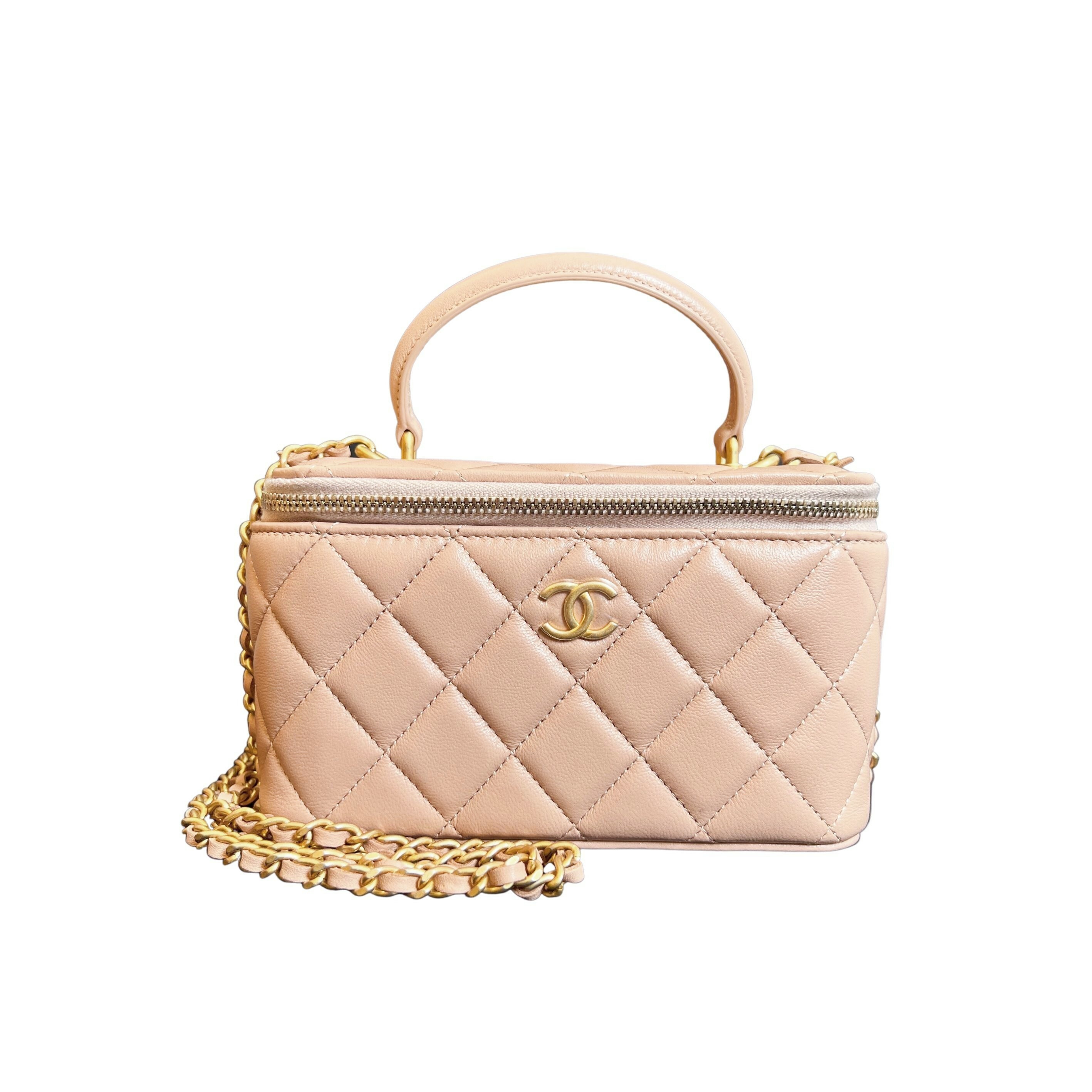 Chanel Lambskin Top Handle Vanity Case With Chain Beige