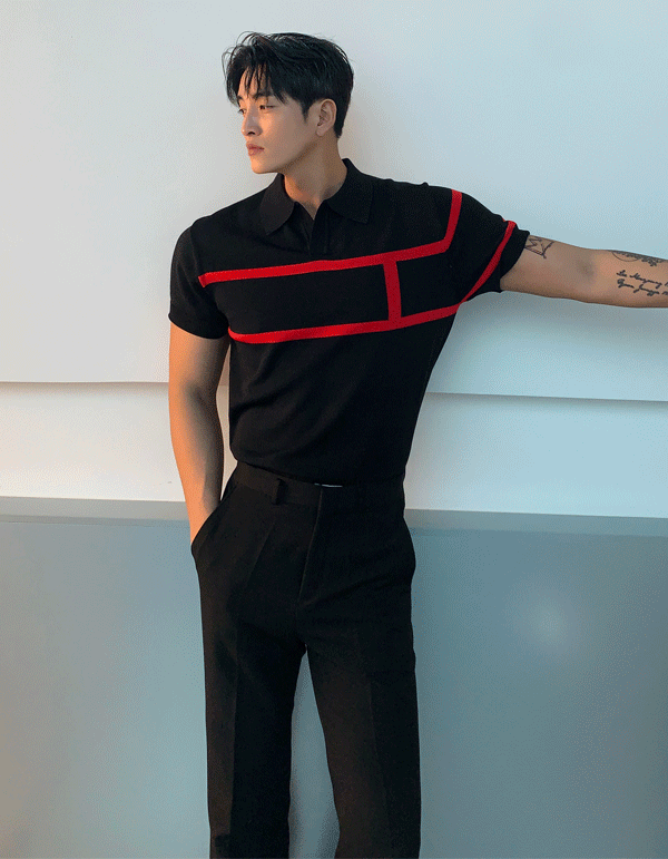 H型肌肉領子亞麻短袖T恤