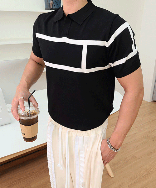 H型肌肉領子亞麻短袖T恤