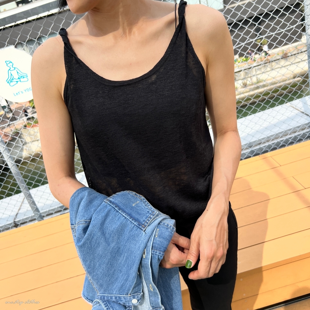 正韓美翻天扭結棉麻背心 (黑)