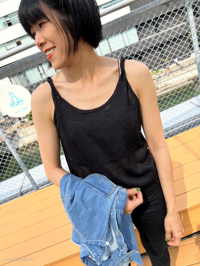 正韓美翻天扭結棉麻背心 (黑)