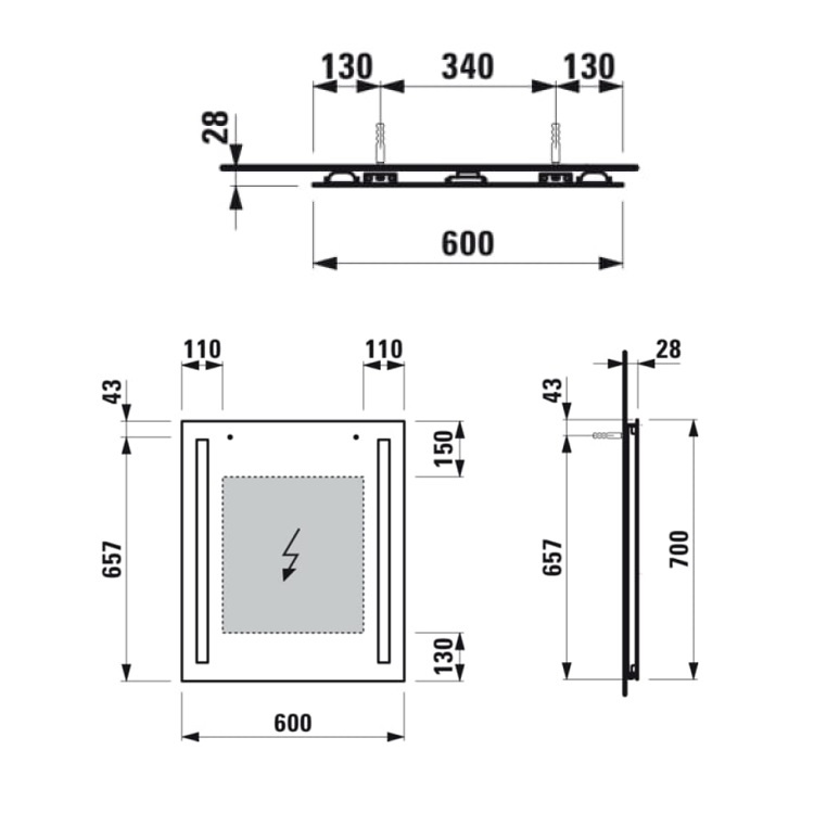 Laufen "Lani" 4.0385.2.112.144.1 Mirror 600mm, with 2 vertical LED light element