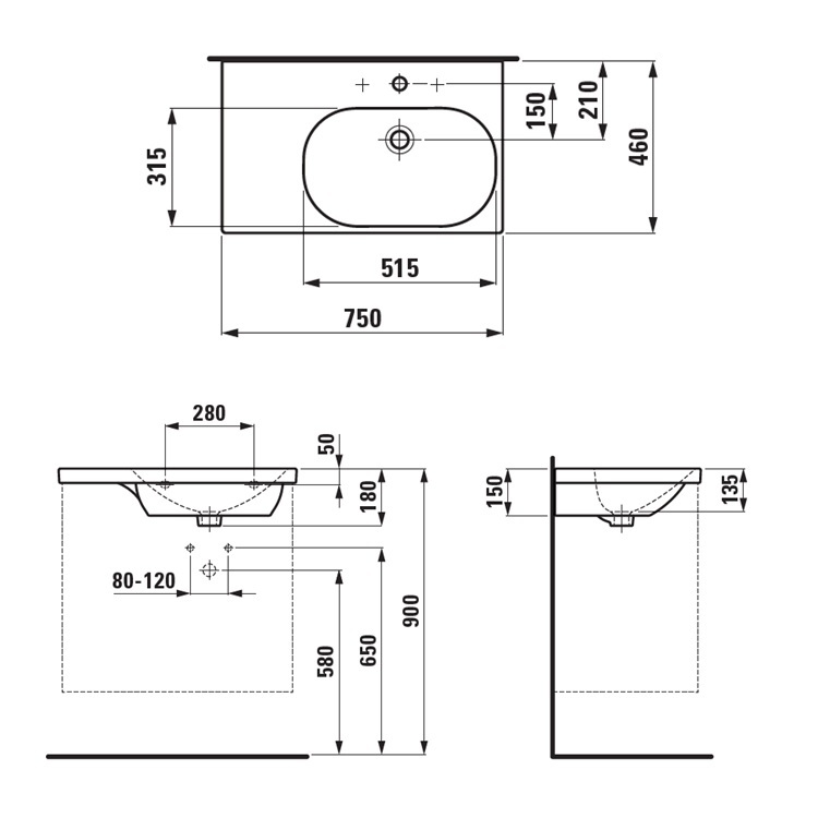 Laufen "Lua" 8.1708.5.000.104.1 + 8.9988.2.000.000.1 Wallhung washbasin, shelf left, with 1 tap hole & overflow