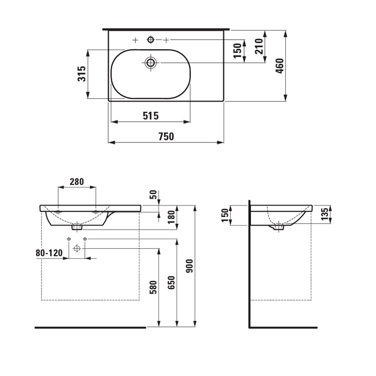 Laufen "Lua" 8.1708.6.000.104.1 + 8.9988.2.000.000.1 Wallhung washbasin, shelf right, with 1 tap hole & overflow
