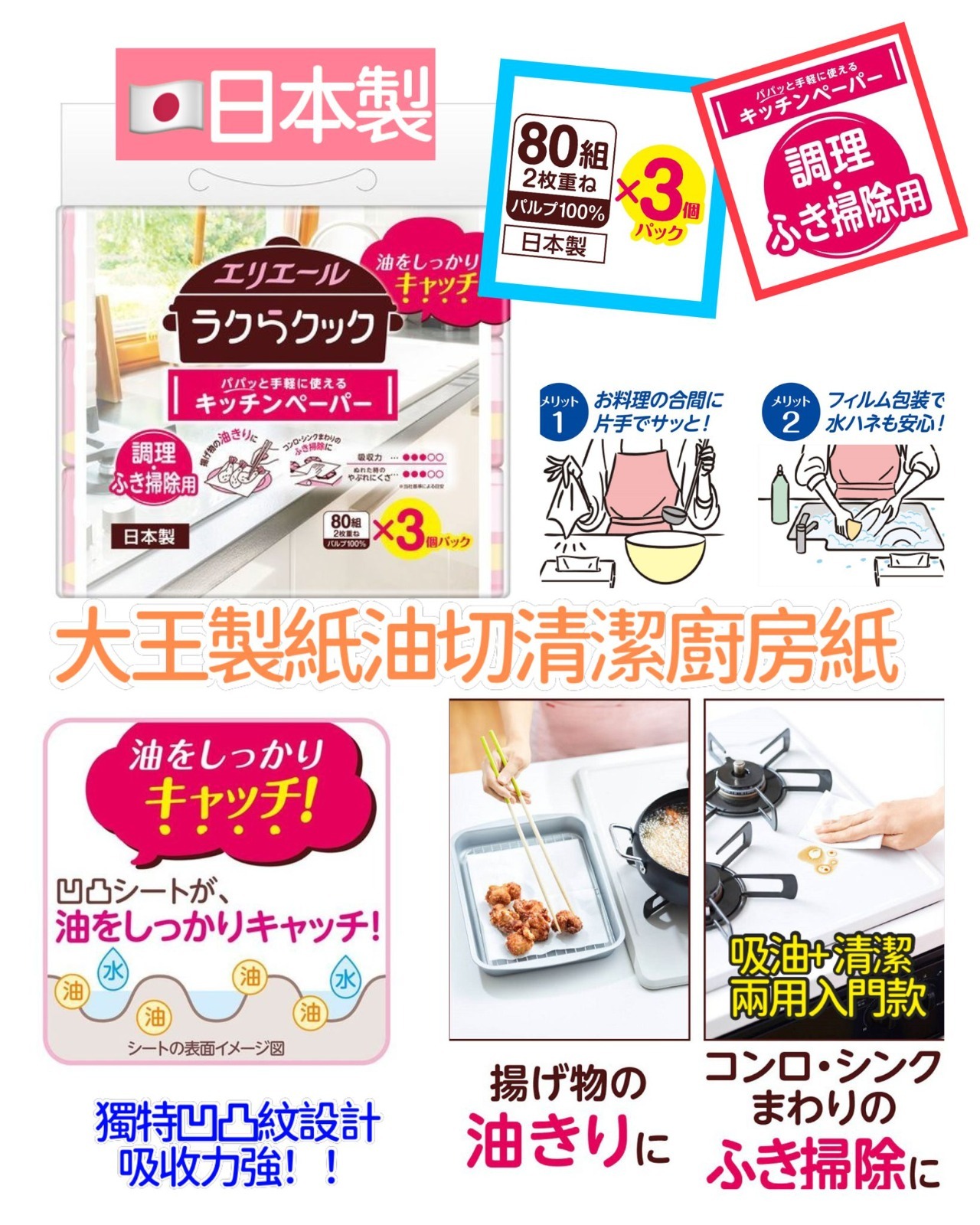 日本製大王製紙油切清潔廚房紙 80抽x3包