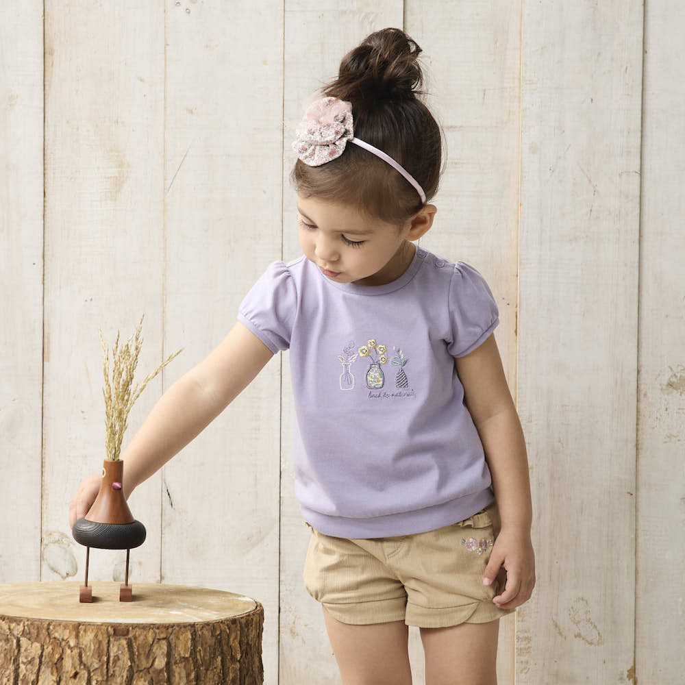 PIPPY可愛小花刺繡彈性棉圓領上衣 紫