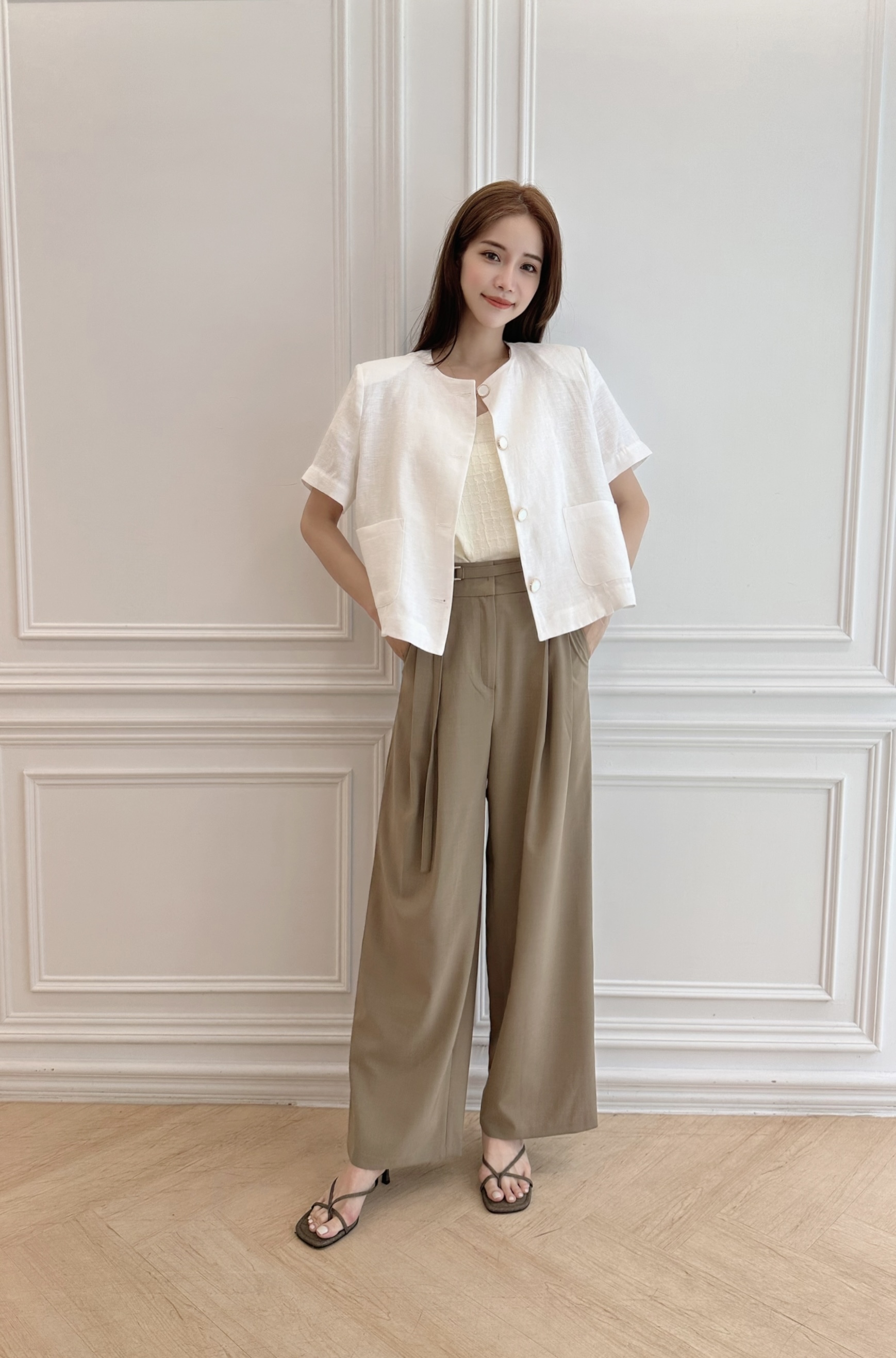 棉麻圓釦短袖西外