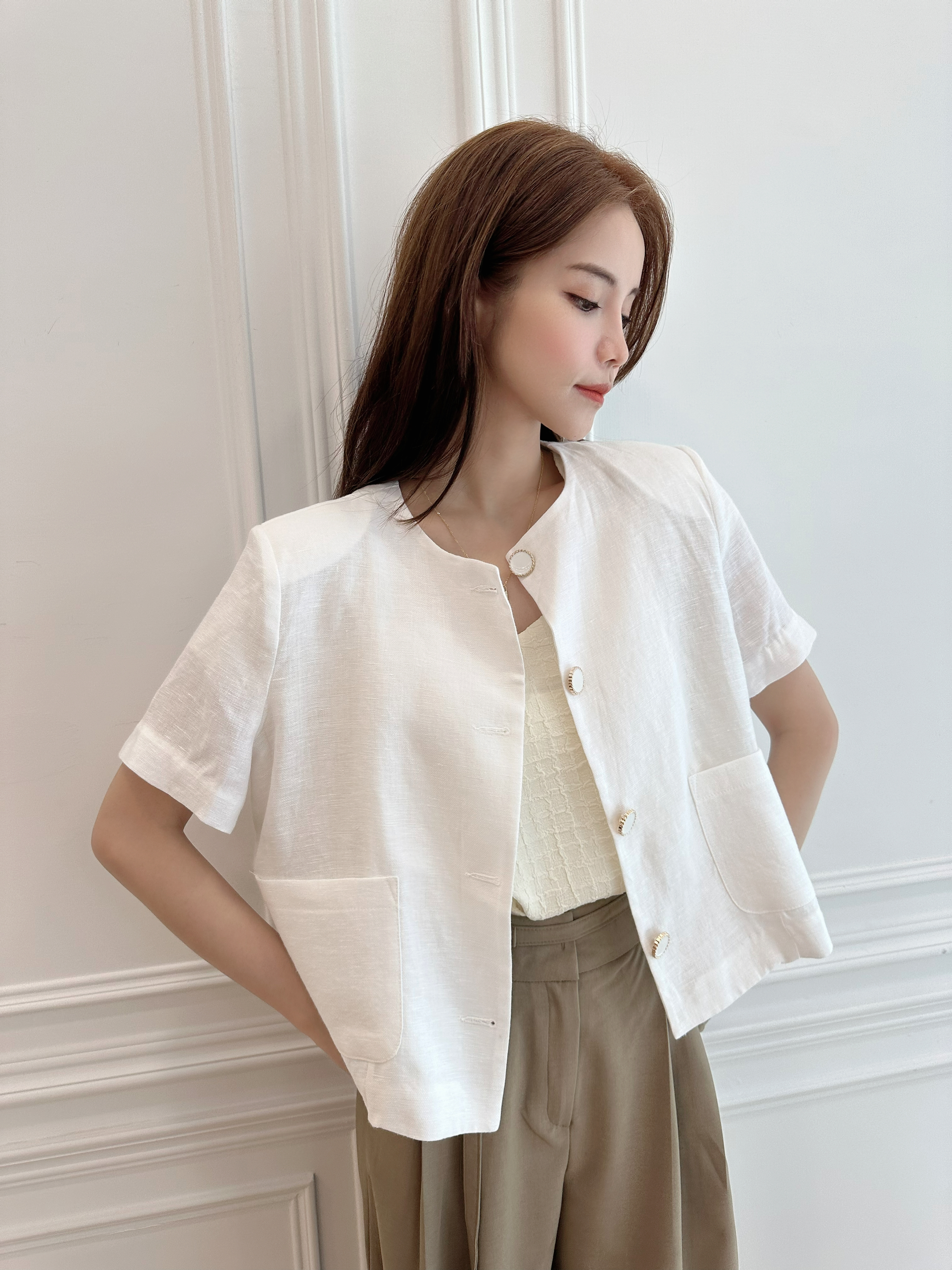 棉麻圓釦短袖西外