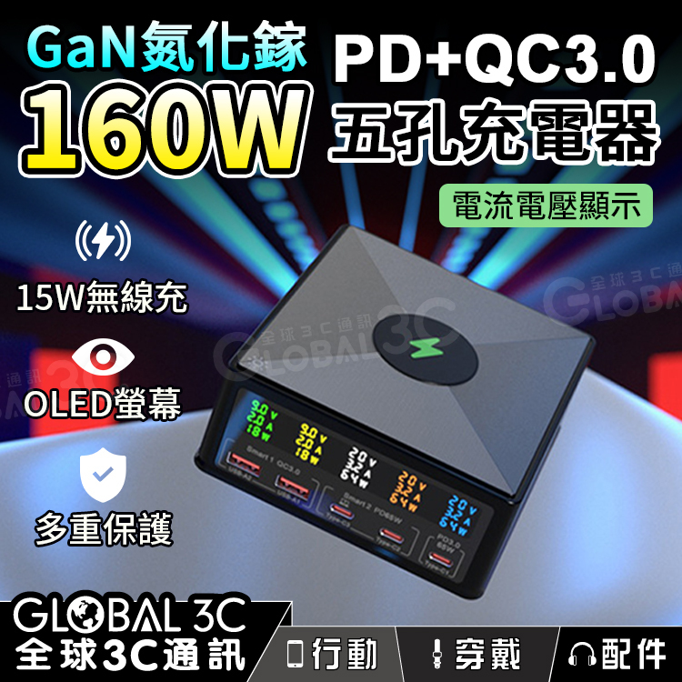 160W GaN氮化鎵5孔充電器15W無線充電/QC3.0/PD/電流電壓快充大功率