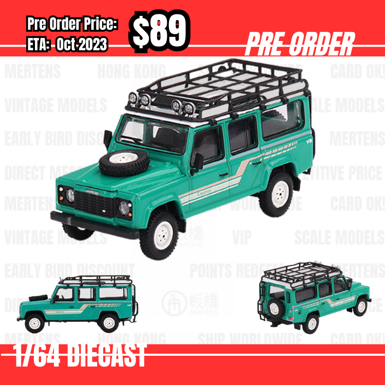 PO-$89 * Mini GT * 1:64 #590 Land Rover Defender 110 1985 County Station Wagon Trident Green RHD [OD19/06]