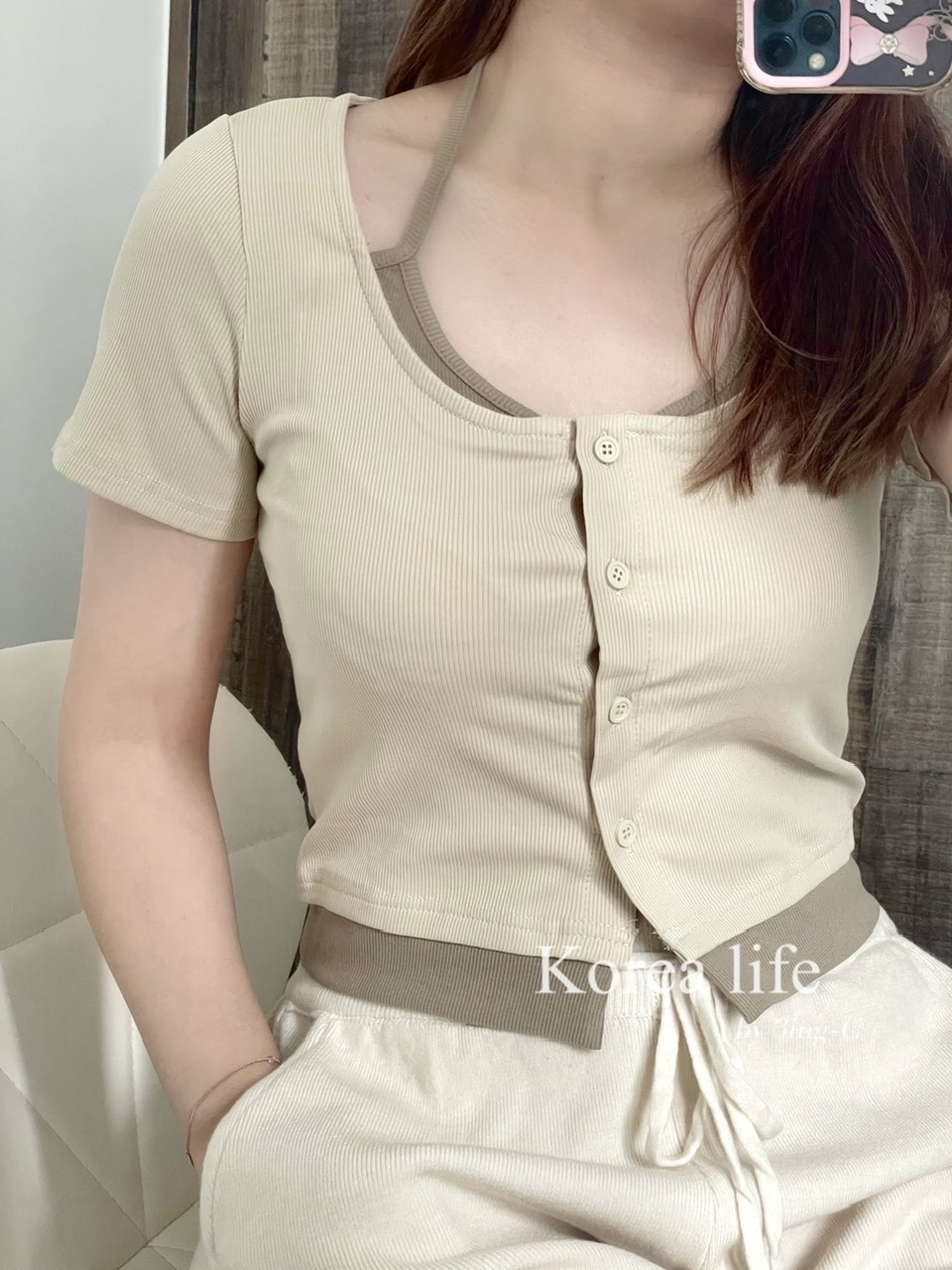 韓國連線-假兩件式綁帶上衣