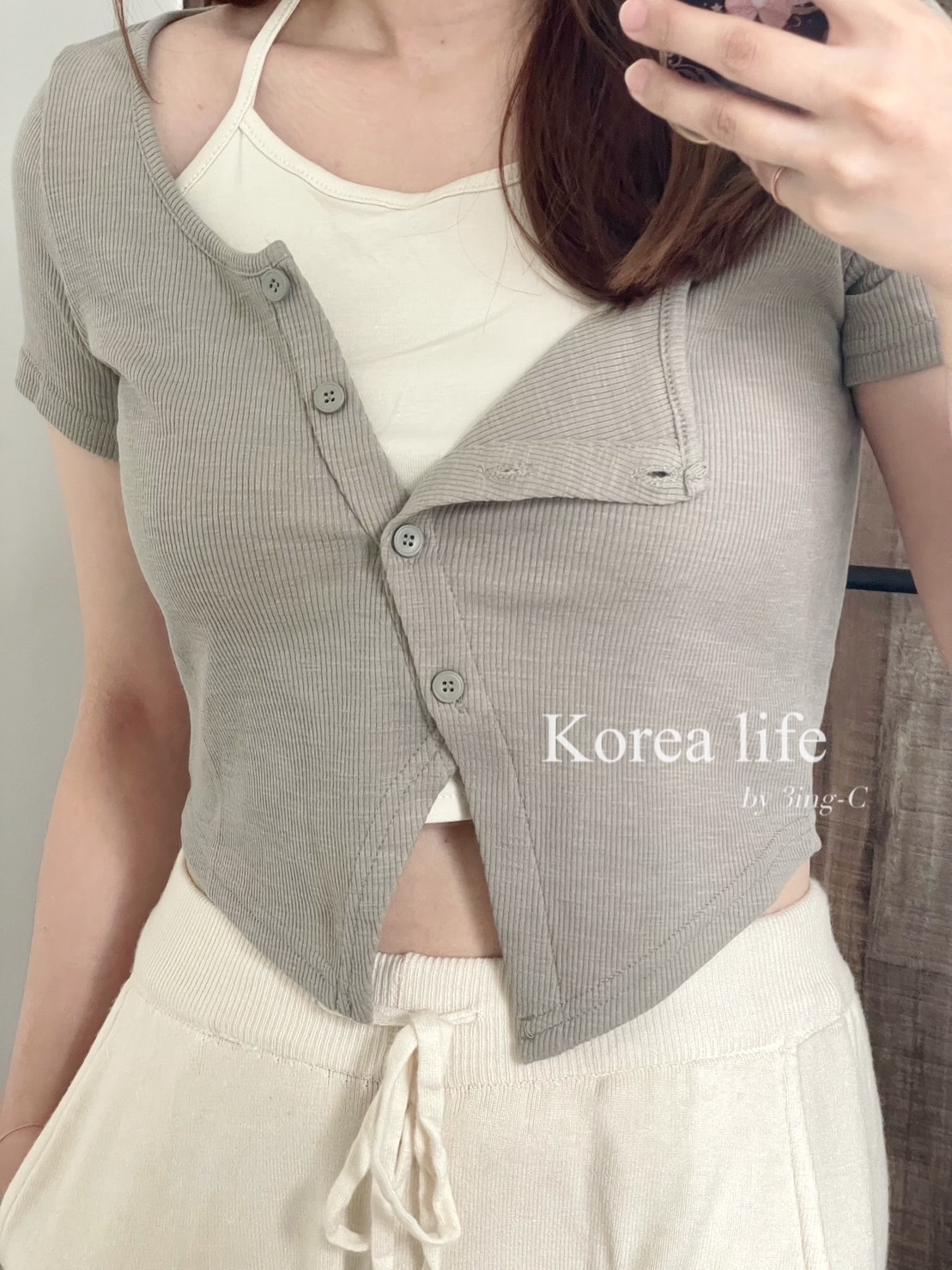 韓國連線-假兩件式扣子上衣