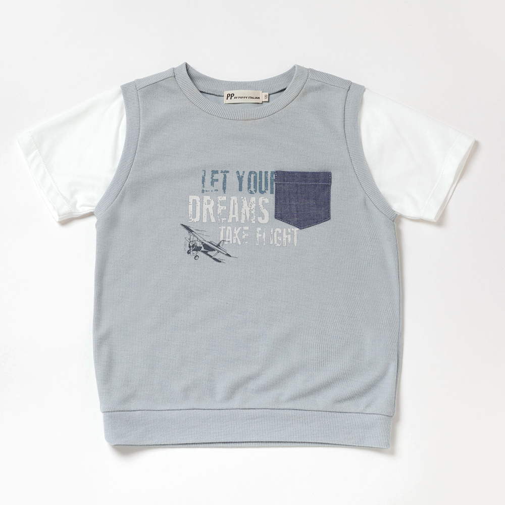 PIPPY印花針織假兩件上衣 灰藍