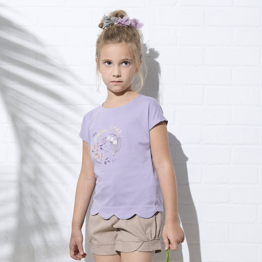 PIPPY 甜美田園繡花花彈性棉圓領上衣 紫