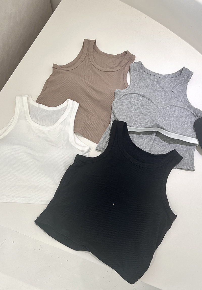 螺紋削肩附胸墊短版背心*4色