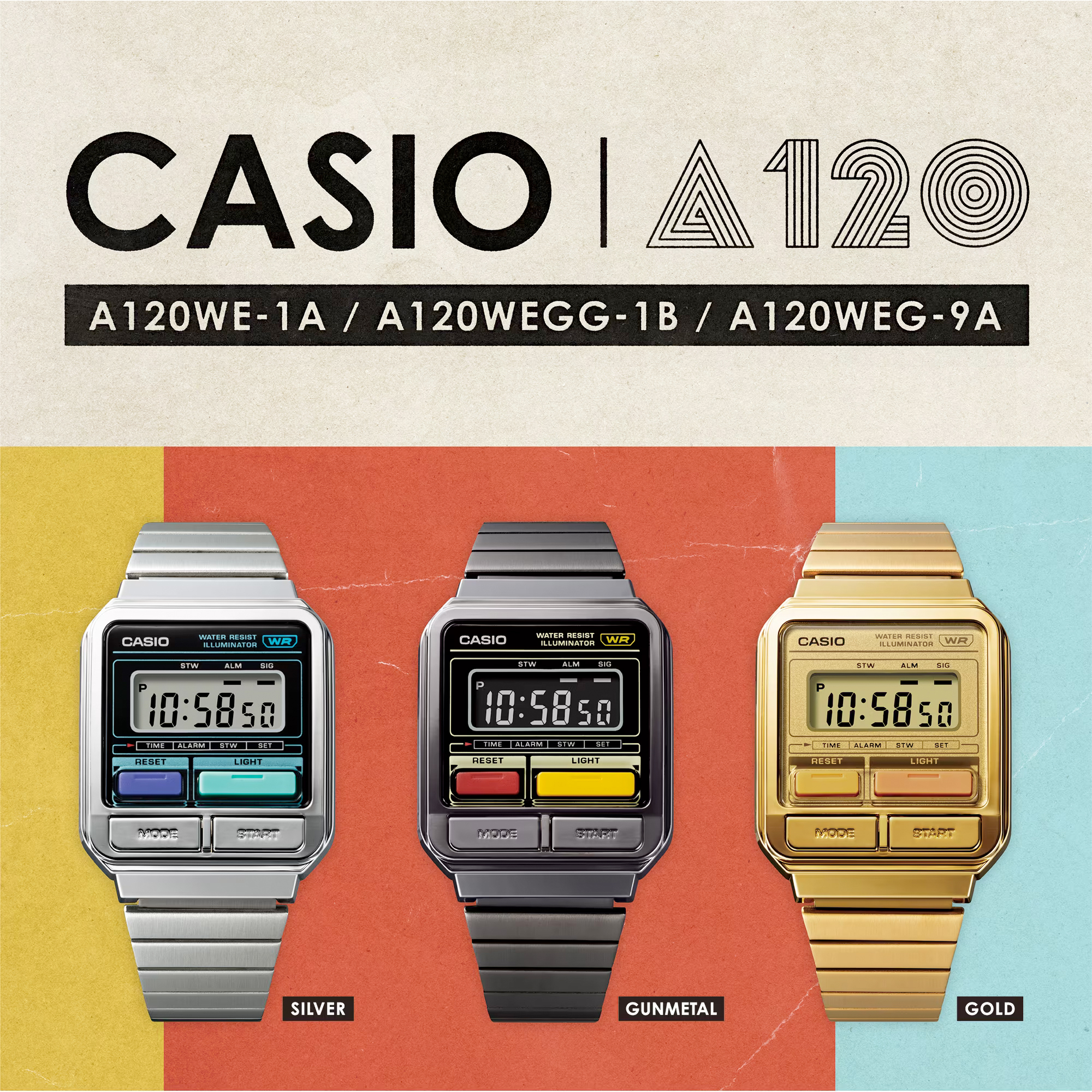 Casio A120WEG-9A 金色 方形復古跳字錶