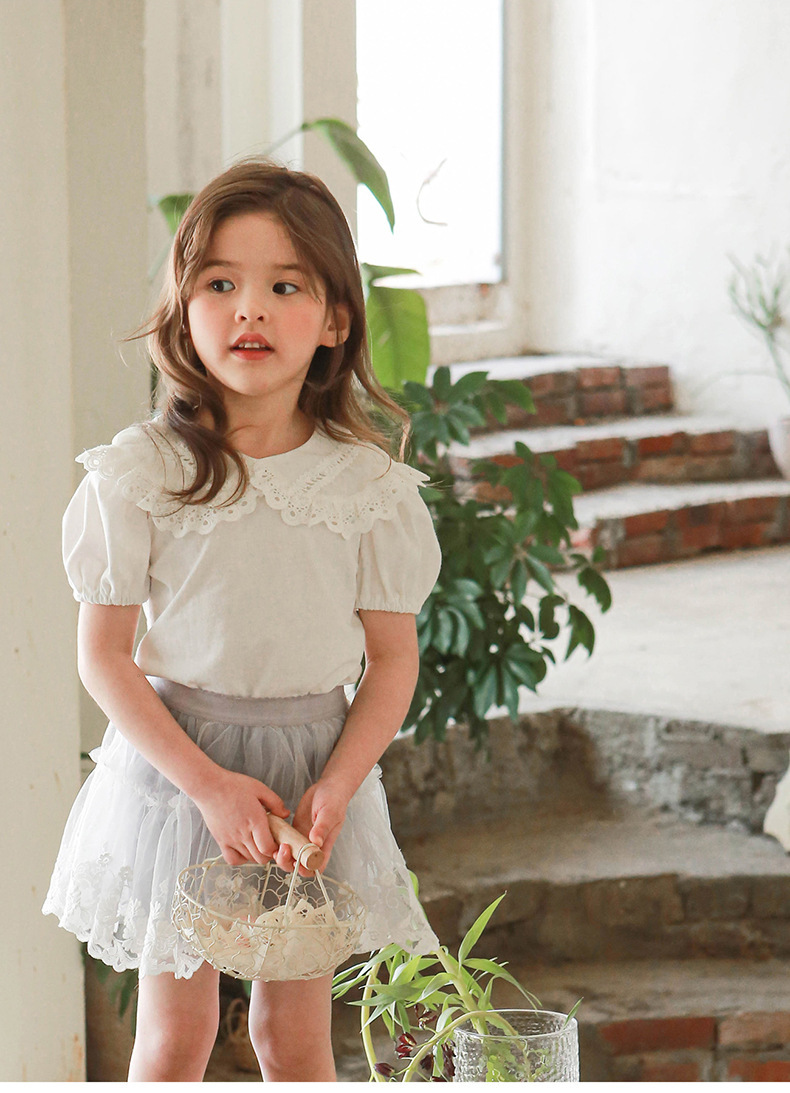 現貨 水藍色150cm 花邊蕾絲翻領縮口袖上衣 3色