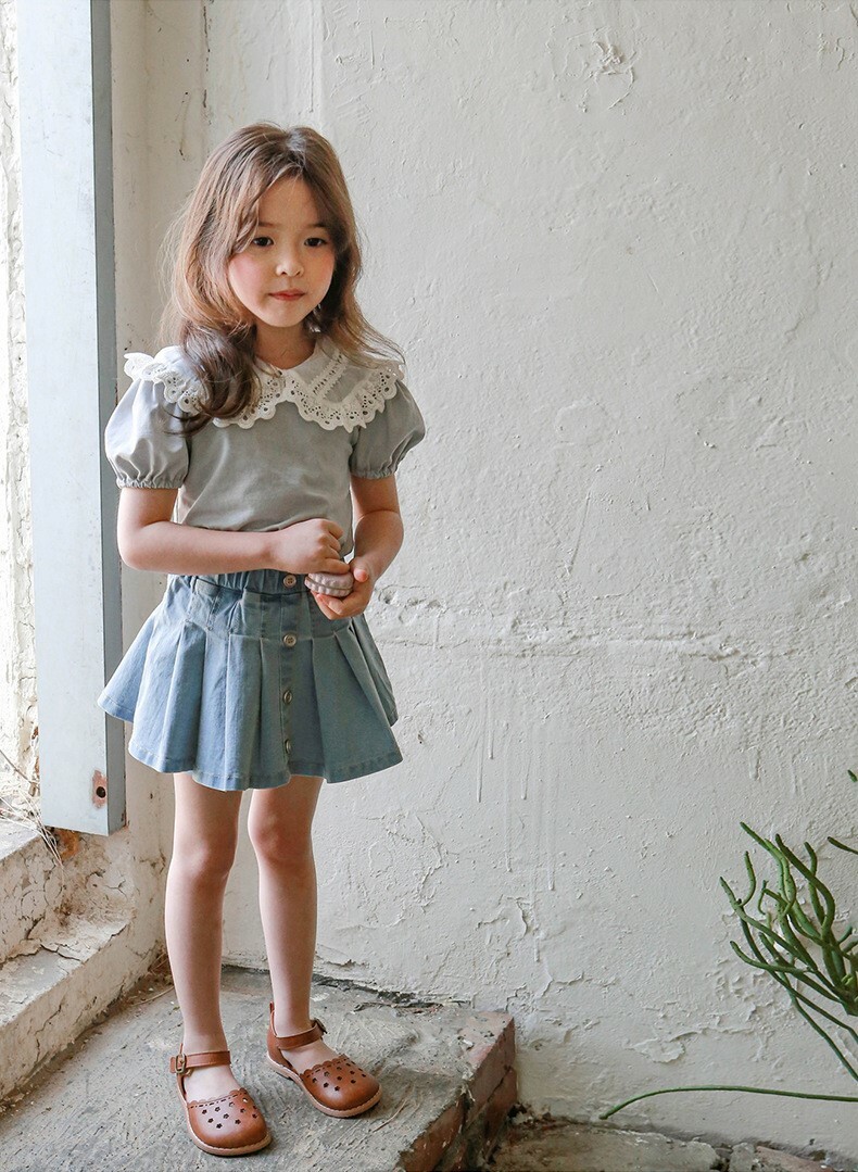 現貨 水藍100cm 花邊蕾絲翻領縮口袖上衣 3色