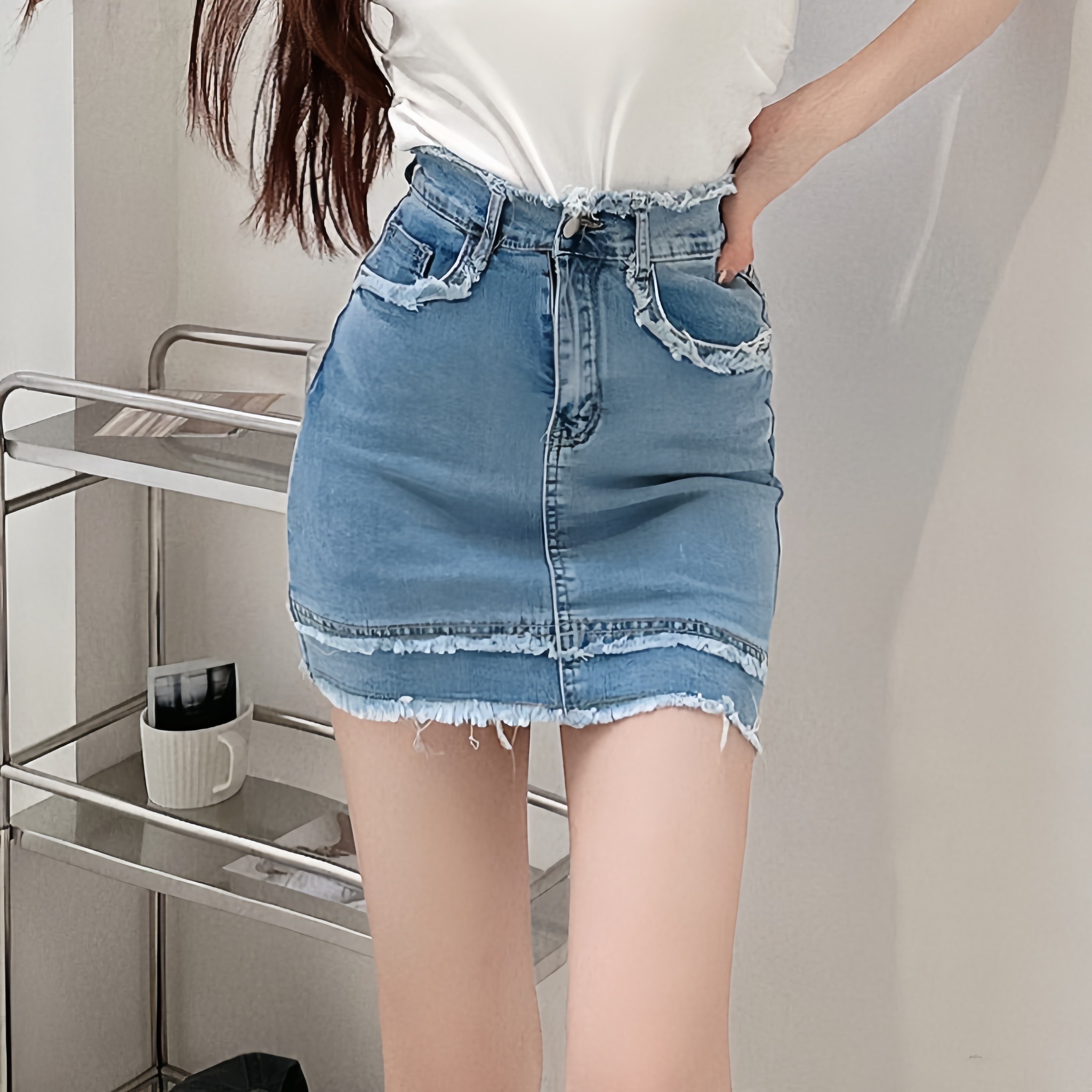 破損毛邊包臀牛仔短裙/二色