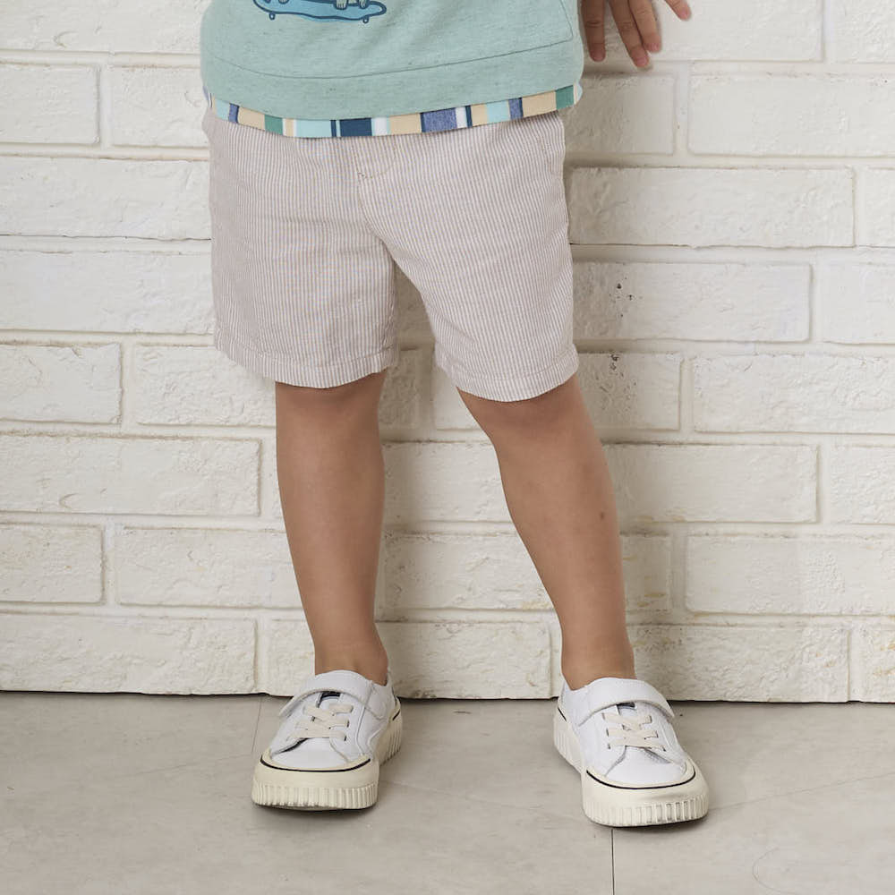 PIPPY休閒棉麻拼接直條紋短褲 卡其