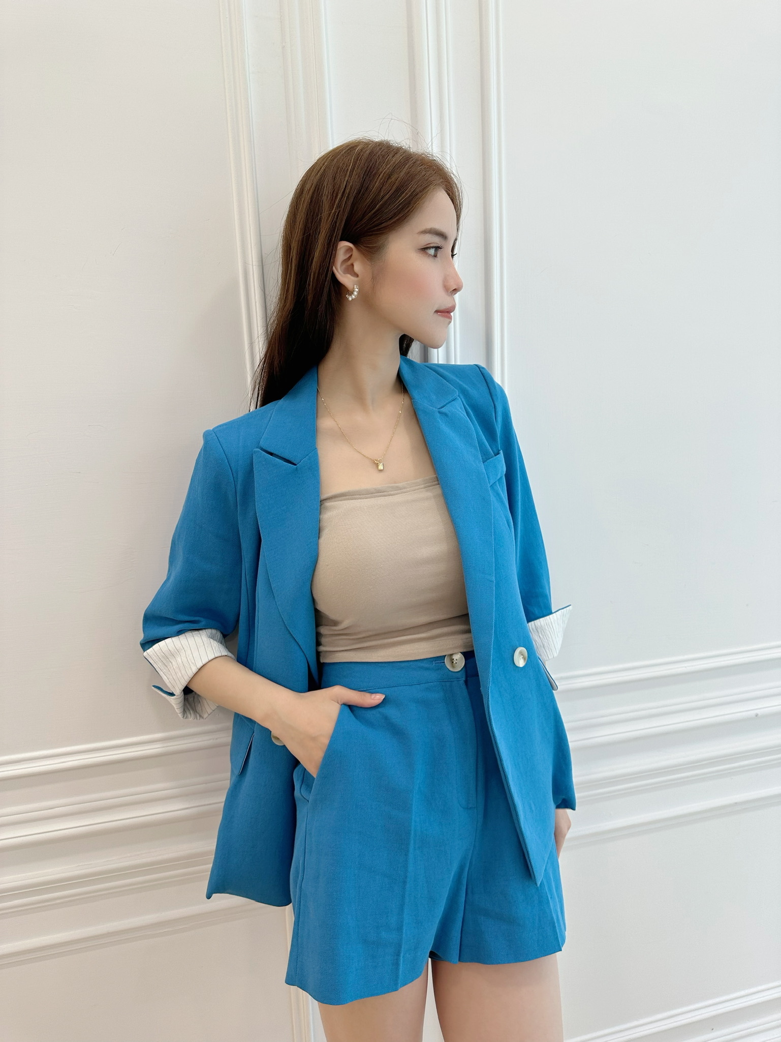 (涼爽必備!)棉麻反摺條紋袖短褲套裝