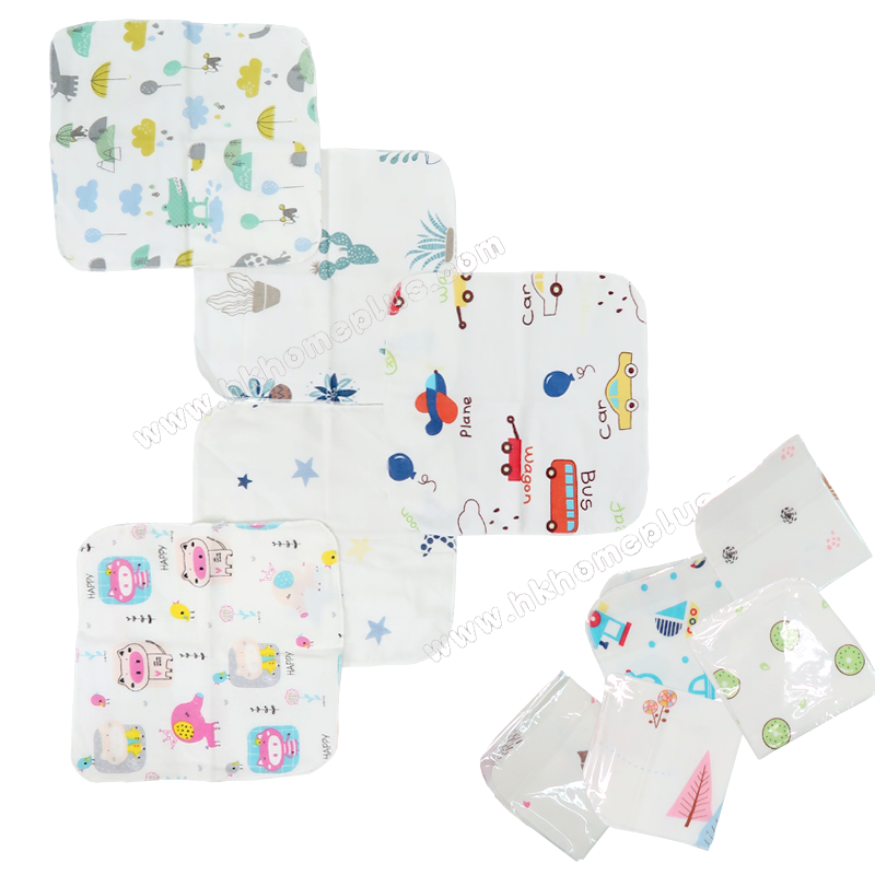 5條裝 四層紗布印花方巾