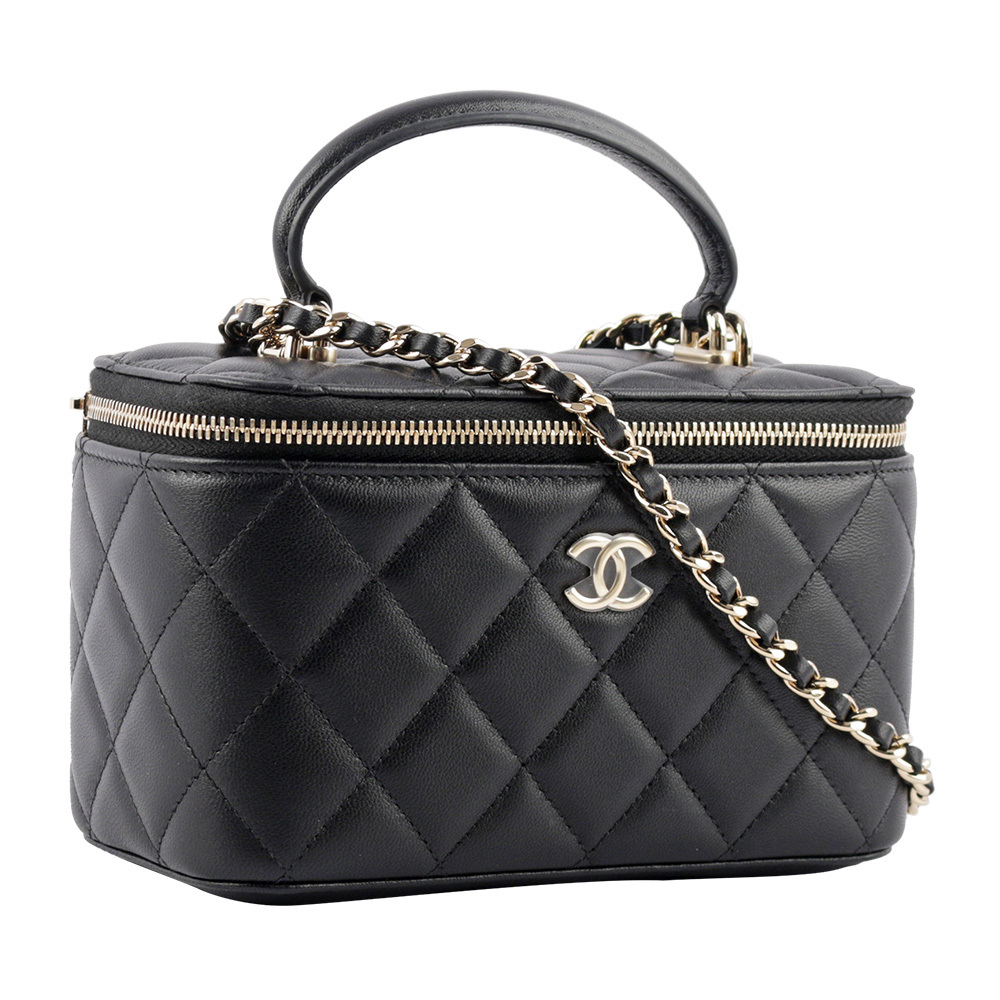 【CHANEL】金色CC Logo 小羊皮手提/斜背二用化妝包(黑色) AP2199 B06660 94305