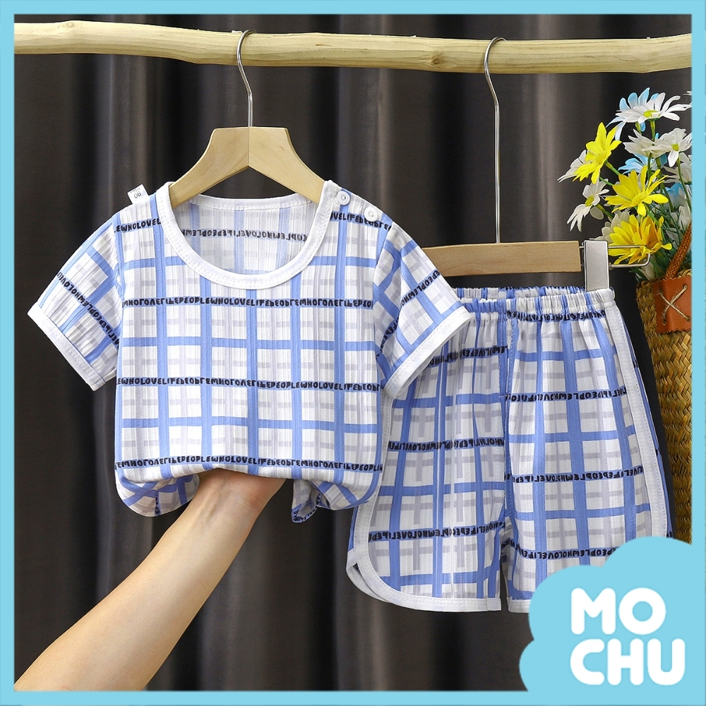 拼色方格藍提花短袖套裝