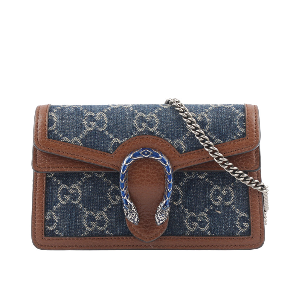 【GUCCI】Dionysus Super Mini 牛仔布拼皮革酒神鍊包(深藍色/棕色) 476432 2KQFN 4483