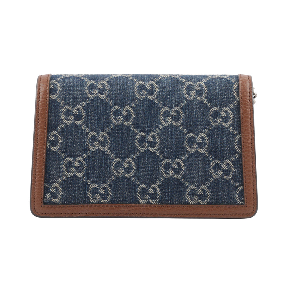 【GUCCI】Dionysus Super Mini 牛仔布拼皮革酒神鍊包(深藍色/棕色) 476432 2KQFN 4483