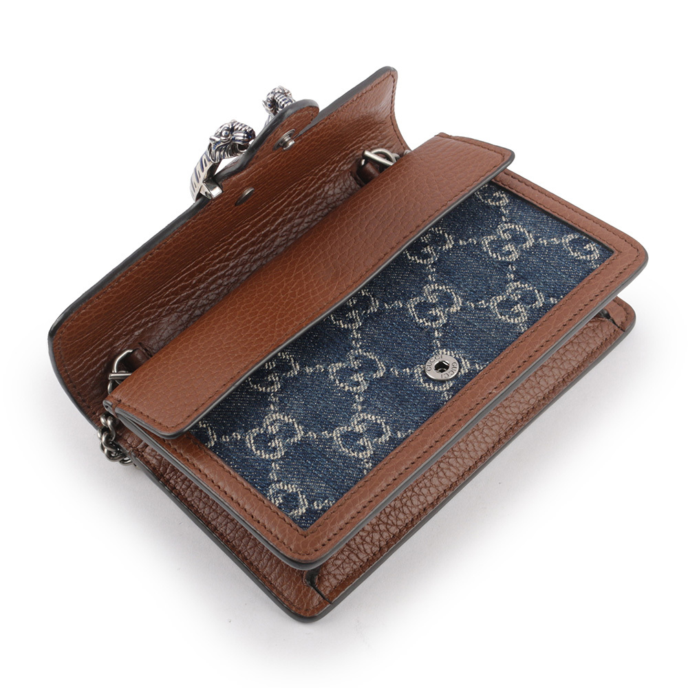 【GUCCI】Dionysus Super Mini 牛仔布拼皮革酒神鍊包(深藍色/棕色) 476432 2KQFN 4483