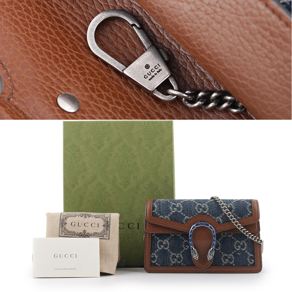 【GUCCI】Dionysus Super Mini 牛仔布拼皮革酒神鍊包(深藍色/棕色) 476432 2KQFN 4483