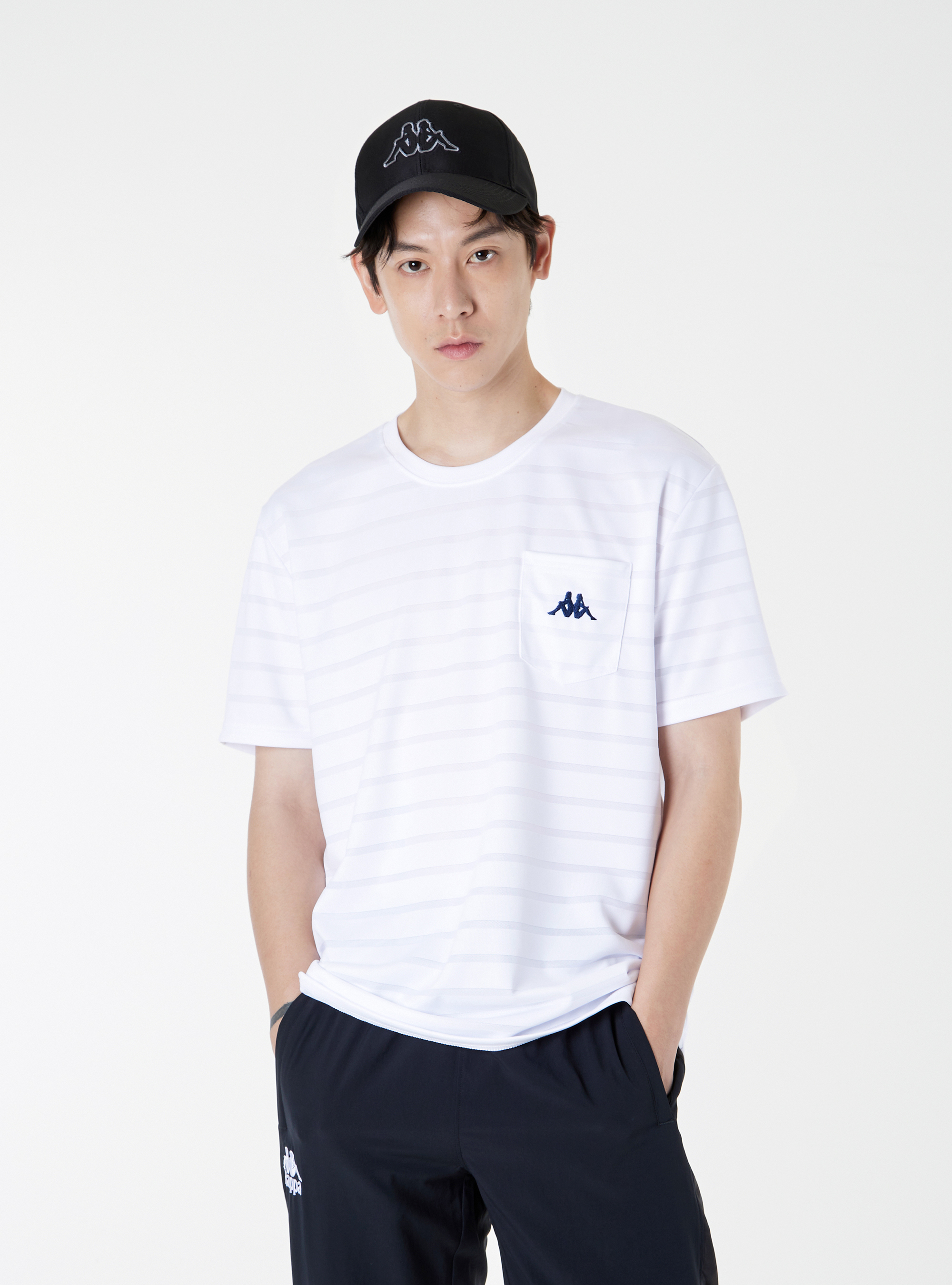 男女適穿 質感條紋口袋圓領T-Shirt