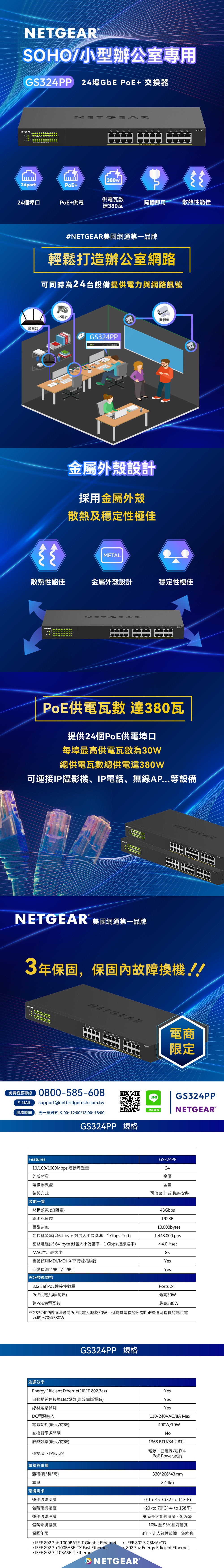 PoE交換器**GS324PP 24埠Gigabit，24埠+乙太網路供電802.3at 總供電380