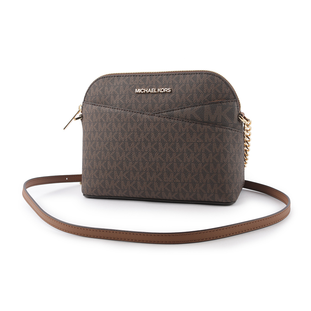 【Michael Kors】金字滿版塗層帆布口袋貝殼包(咖啡色)