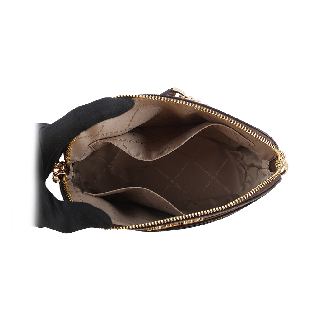 【Michael Kors】金字滿版塗層帆布口袋貝殼包(咖啡色)