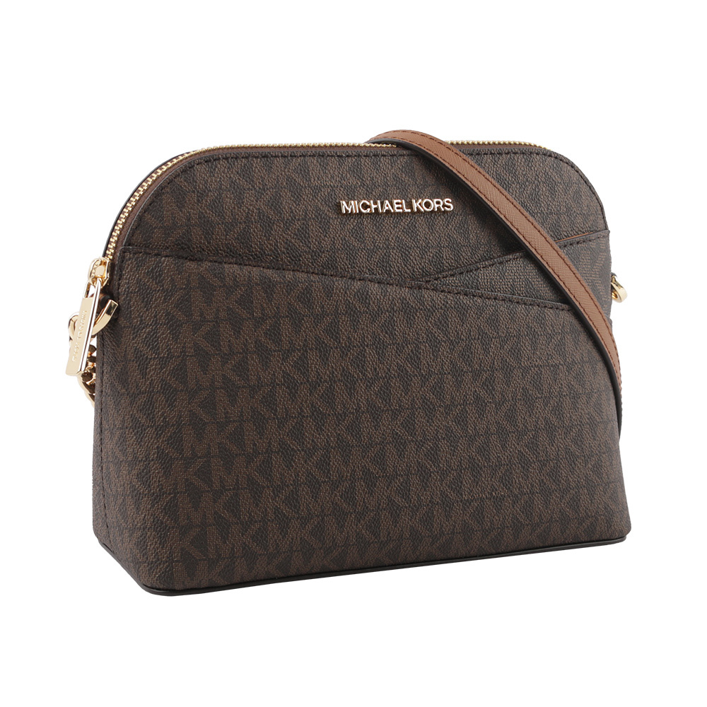 【Michael Kors】金字滿版塗層帆布口袋貝殼包(咖啡色)