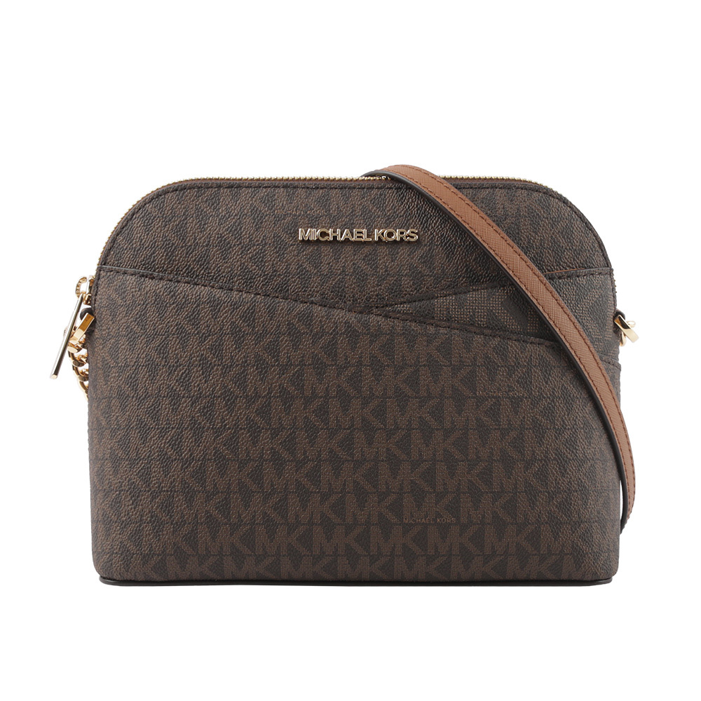 【Michael Kors】金字滿版塗層帆布口袋貝殼包(咖啡色)