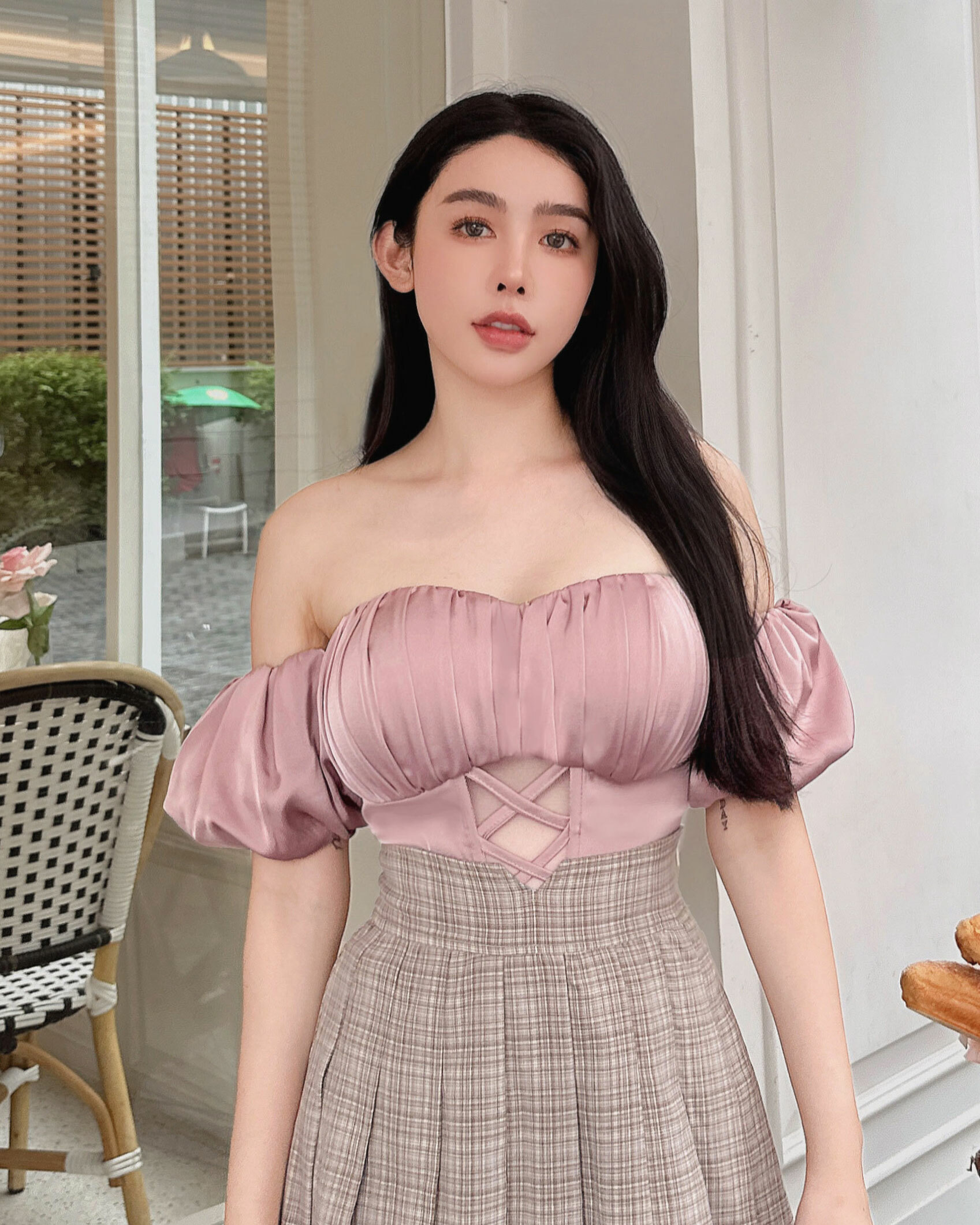 ⭒訂製-雲朵袖抓皺交叉緞面馬甲上衣